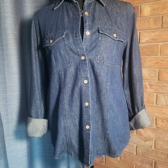 Talbots Women's Western Blue Denim Shirt Med Wash -Tabbed Sleeves Size 10 - Picture 4 of 11